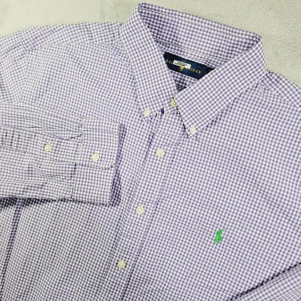 Ralph Lauren Shirt Mens 2XL Purple Check Long Sleeve Button Down Cotton Logo